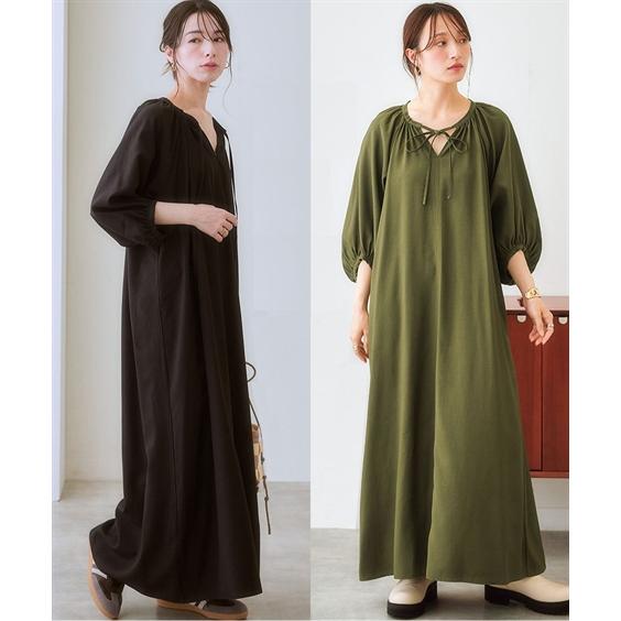 ワンピース ロング マキシ レディース リネン ライクラグラン袖スキッパーギャザー 着丈119cm ...