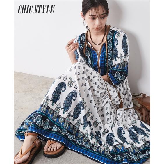 ワンピース ロング マキシ レディース エスニックパネル プリント 有 シックス タイル 夏 ひざ下...
