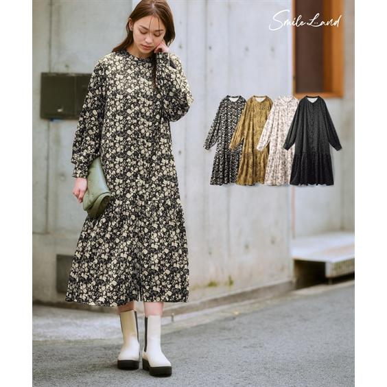 ワンピース ロング マキシ レディース ゆるシルエット切替 デザイン プリント  ひざ下 L/LL/...