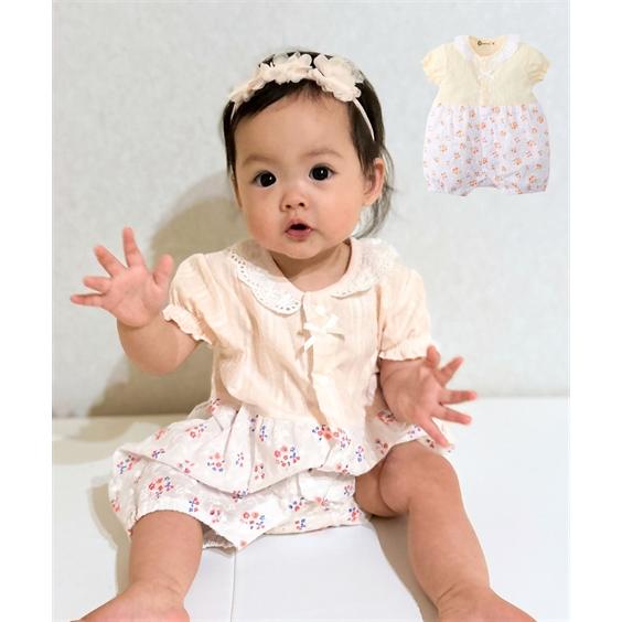 ロンパース カバーオール ベビー 綿100％ 小花柄 レース 衿付 半袖 カバー オール 女の子 夏...