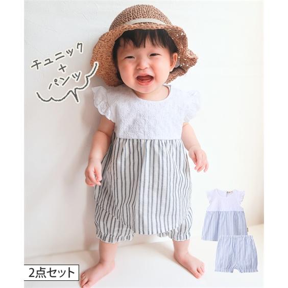 チュニック 子供服 ベビー 綿100％ ドビーストライプ セットアップ スーツ 女の子 夏 トップス...