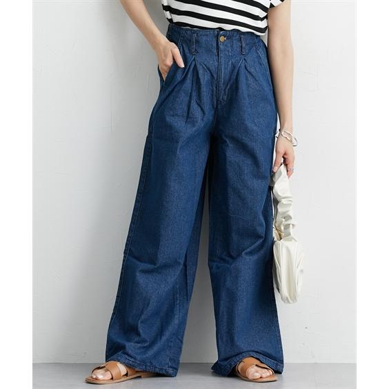ワイドパンツ レディース ウエスト タックハイ デニム パンツ 春 夏 ゆったり 体型カバー 美脚 ...