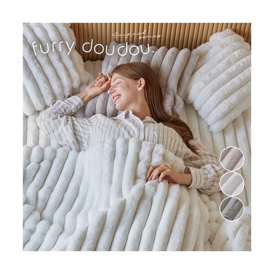 毛布 ブランケット 寝具 モコモコ ストライプ ラビットファー調 furry doudou./ファー...
