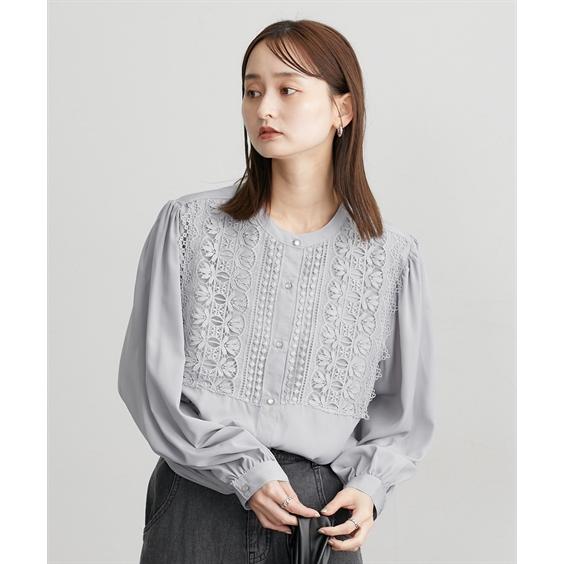 シャツ ブラウス レディース バンド カラー レース 切替 長袖 | M | ニッセン nissen