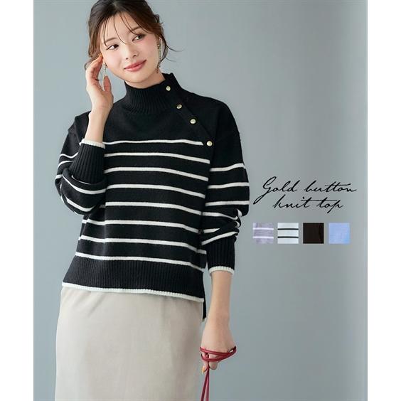 ニット セーター レディース ゴールドボタン ハイネック トップス 春 秋 冬 | L/LL/3L ...