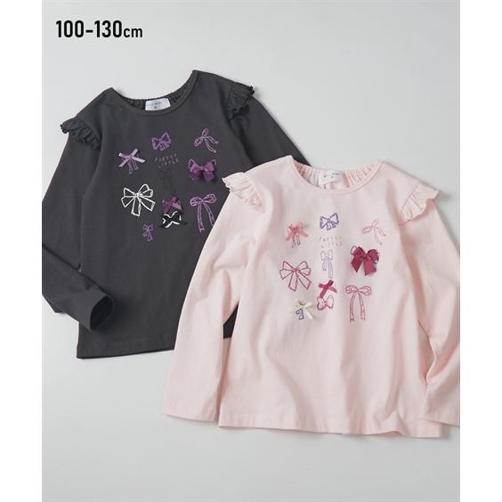 Tシャツ 子供服 キッズ 綿100％ 肩フリルとリボン使い プリント 女の子 春 秋 トップス カッ...