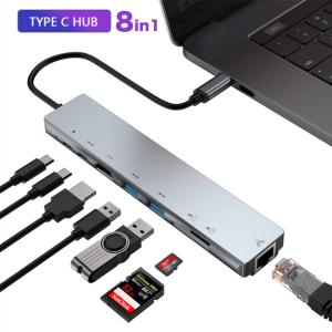 Type C 変換アダプタ 8in1 グレーUSB C ハブ Type C USB Type-c Hub HDMI出力 PD給電 LAN 高速通信USB3.0 ハブ  カード リーダー 8in1 タイプC 変換｜nissin-lux