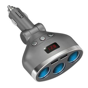 車用ソケット分配器 3連 シガーライター分配器 増設 2USBポート 角度調整 カーチャージャー 車載充電器  電圧測定 充電急速充電 12/24V対応　電源スイッチ付き