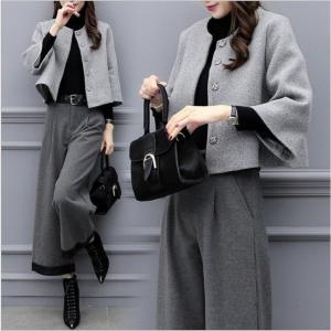 セットアップ レディース 秋冬 40代 2点セット 結婚式 卒業式 ママ ノーカラージャケット ゆったり 体型カバー ラシャコート ワイドパンツ