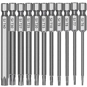 Bestgle 11ピース トルクスドライバー 6.35mmトルクス星ネジ用ビットセット 75mm 六角軸 トルクスネジ用ビット 片頭ヘックス 六角ビットセット T6-T40 ドリル