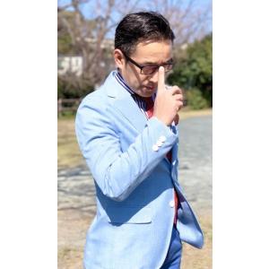 メンズ春夏シングルジャケット　チェック　ライトブルー×ホワイトステッチ　40代　50代