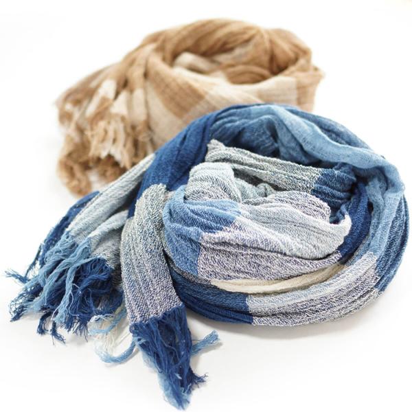 ≪日本国内送料無料≫  天然染料染めマス柄ストール　（柿渋/生成、藍/生成） 約80X 200cm　...