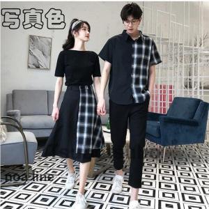 綿麻 ペアルックセット カップル /T 上下セット ペアルック半袖 お揃い服 チェック柄 プセット カップル夏服 [ 単品売り   ]｜noaline