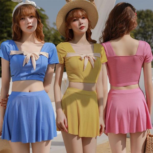 水着 レディース 体型カバー オトナ女子 可愛い 韓国 2点セット パッド一体型 体型カバー水着 露...