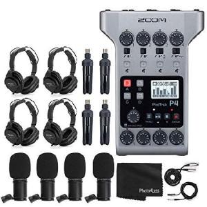Zoom PodTrak P4 Portable Multitrack Podcast Recorder + 4x Zoom M-1 Mic + 4x Headphones + Windscreens + XLR Cables + 4x Tabletop Stand + Cloth - 4 Pers