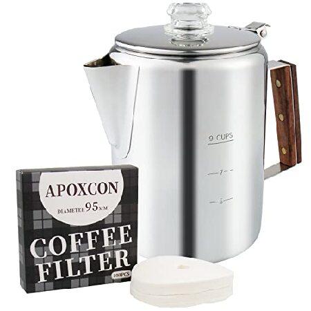 APOXCON キャンプ用コーヒーポット ガラスノブトップ 9カップ ステンレススチール パーコレー...