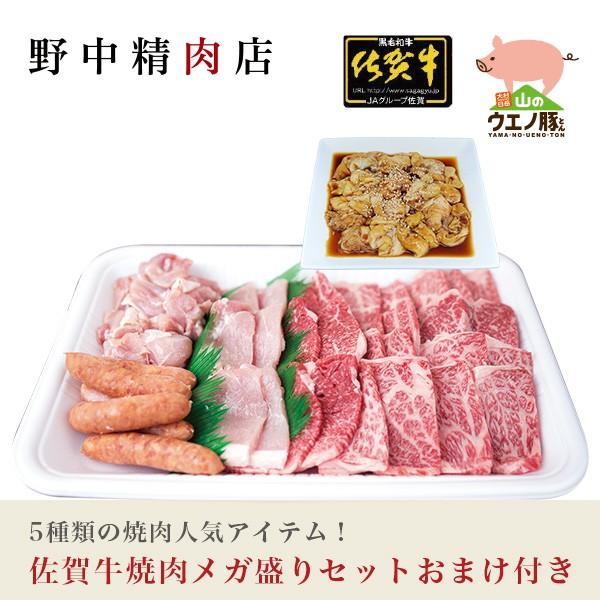 焼肉セット バーベキュー　佐賀牛 メガ盛り おまけ付 カルビ ロース ホルモン 山のウエノ豚 長崎鶏...
