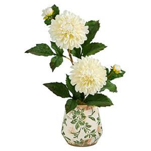 Nearly Natural 18インチ ダリア 造花 花瓶 ホワイト
