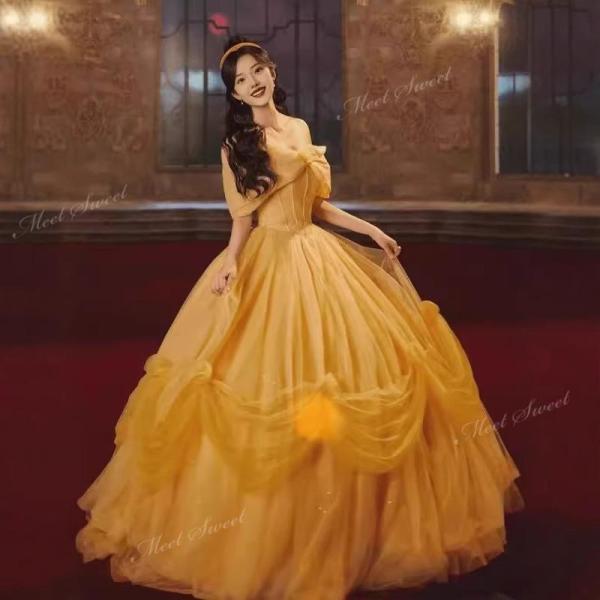 カラードレス プリンセス イエロー オフショルダー ウェディングドレス 結婚式 二次会 ウエディング...