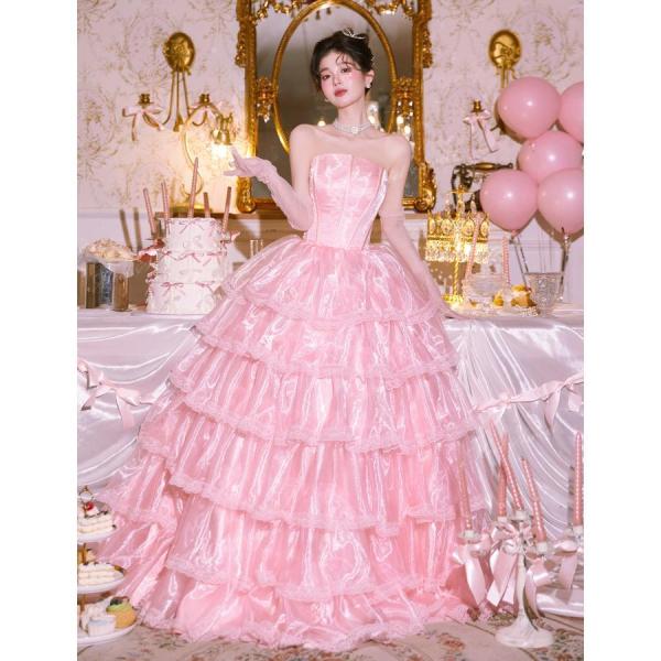 カラードレス ピンク ベアトップ ウェディングドレス 結婚式 二次会 大正昭和 フリル レース ウエ...