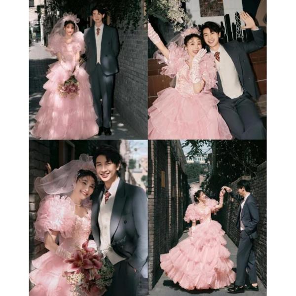 カラードレス ウェディングドレス ピンク フリル ボリューム袖 結婚式 二次会 大正昭和 ウエディン...