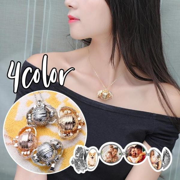 ネックレス ロケットペンダント 4枚写真入れ アクセサリー 男女兼用 レディース メンズ 丸 シルバ...