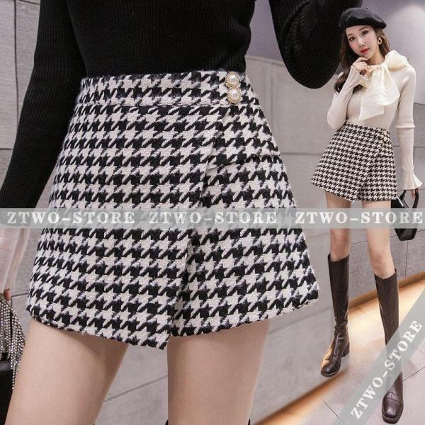 キュロットスカート レディース ミニ丈 千鳥格子 キュロットパンツ 秋冬 ショートパンツ スカートパ...