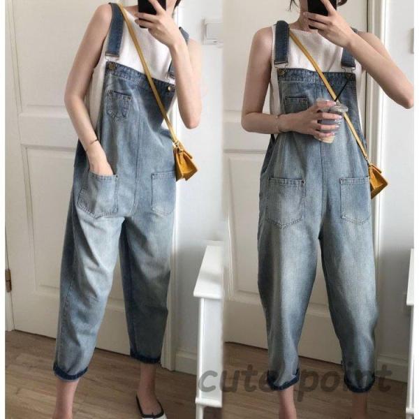 サロペット オーバーオール レディース ワイトパンツ 薄手 9分丈 デニムパンツ ゆったり ボトムス...