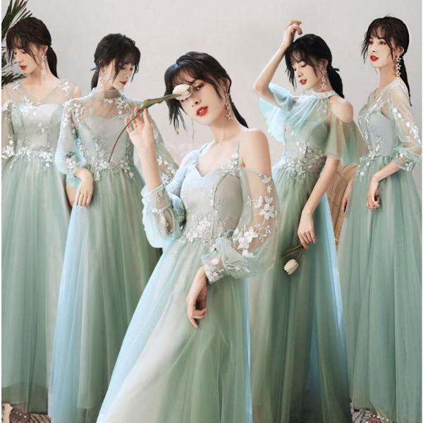 パーティードレス 上品 袖あり ロング丈ドレス ウエディングドレス ブライズメイド ドレス 20代 ...