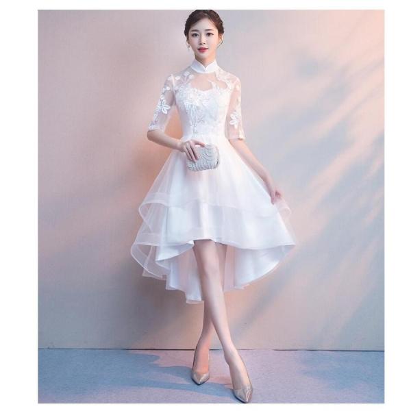 立ち襟 ミモレドレス ウエディングドレス パーティードレス 不規則 結婚式 二次会 衣装 舞台 披露...