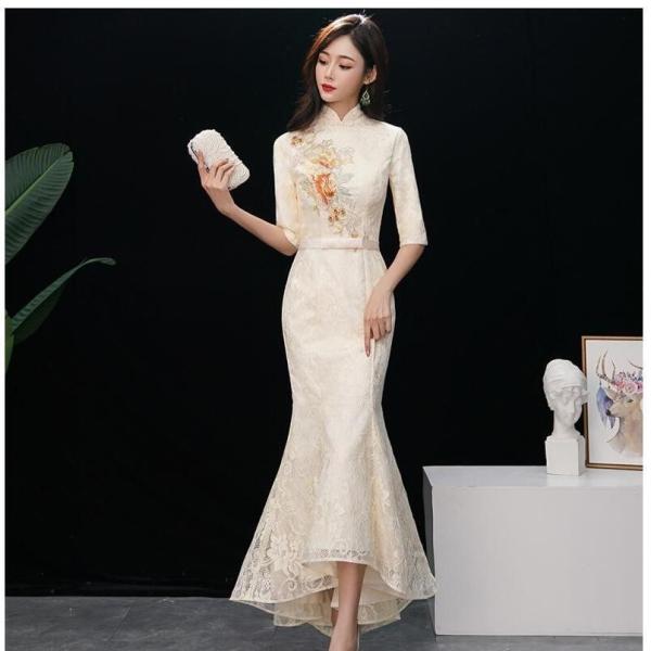 マーメイドドレス ミモレドレス ウエディングドレス パーティードレス 不規則 結婚式 二次会 衣装 ...