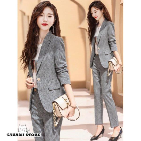 チェック パンツスーツ レディース おしゃれ セットアップ スーツ スリム  パンツ 大きいサイズ ...