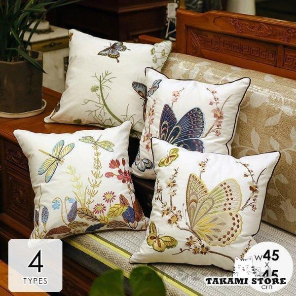 クッションカバー カバーのみ 北欧 45×45cm おしゃれ 蝶 花 刺繍 ナチュラル  ホワイト華...