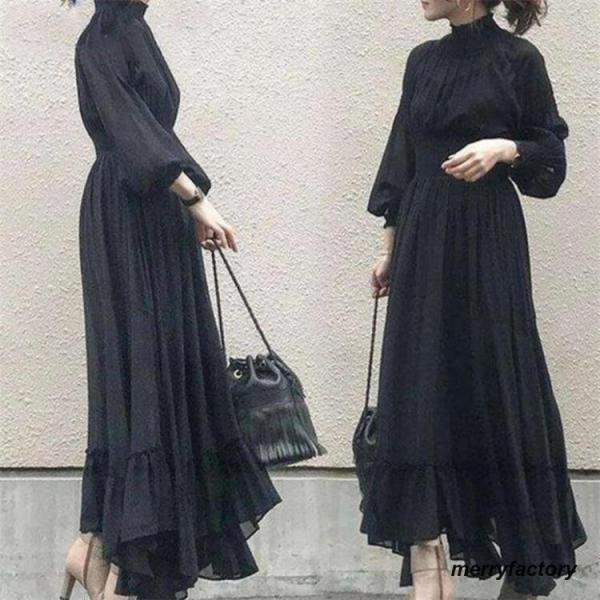 ロングワンピース ワンピース レディース 春 40代 きれいめ マキシ丈ワンピース 秋 長袖 黒ワン...