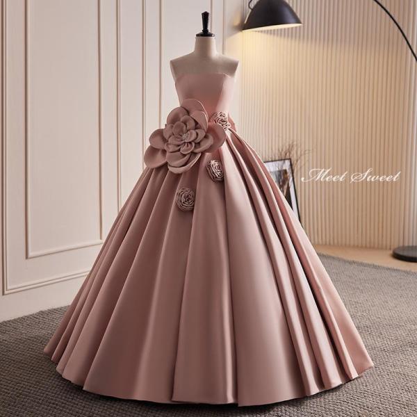 カラードレス 編み上げ ピンク ビスチェ フラワー ロングドレス 結婚式 二次会 発表会 演奏会 ウ...