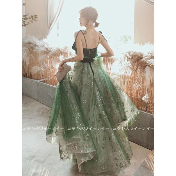 カラードレス ロングドレス 演奏会 Aラインドレス 発表会 パーティドレス 珍しい色 グリーン 緑 ...