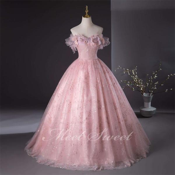 カラードレス プリンセスライン ピンク オフショルダー キラキラ ロングドレス ウェディングドレス ...