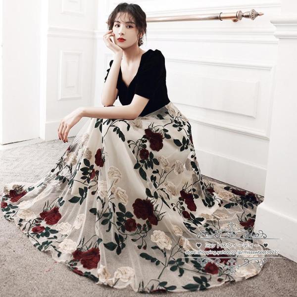 カラードレス カクテルドレス ロングドレス 花柄 ブラック パーティードレス フォマールドレス 発表...