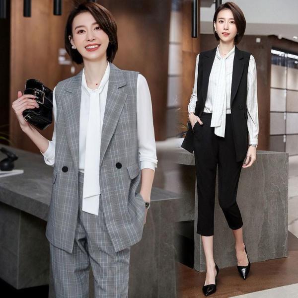 セットアップ レディース フォーマルスーツ 上下セット ロングベスト クロップドパンツ チェック テ...