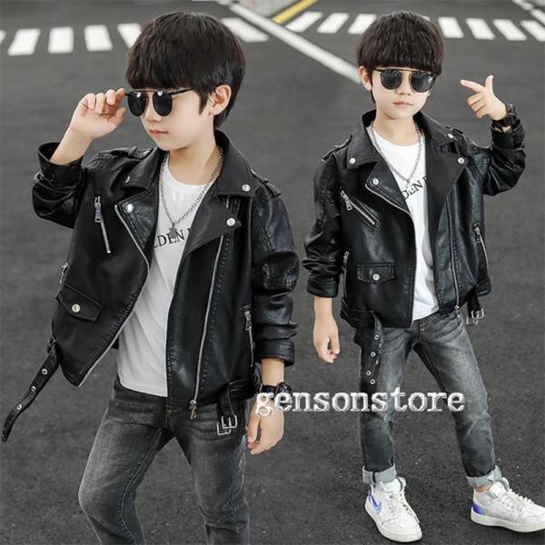 子供服 ジャケット アウター 合皮フェイクレザー ライダースジャケット 革ジャン ショート丈 レザー...