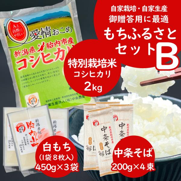 特栽米2kg、白モチ、自家栽培中条そば【もちふるさとセットB】