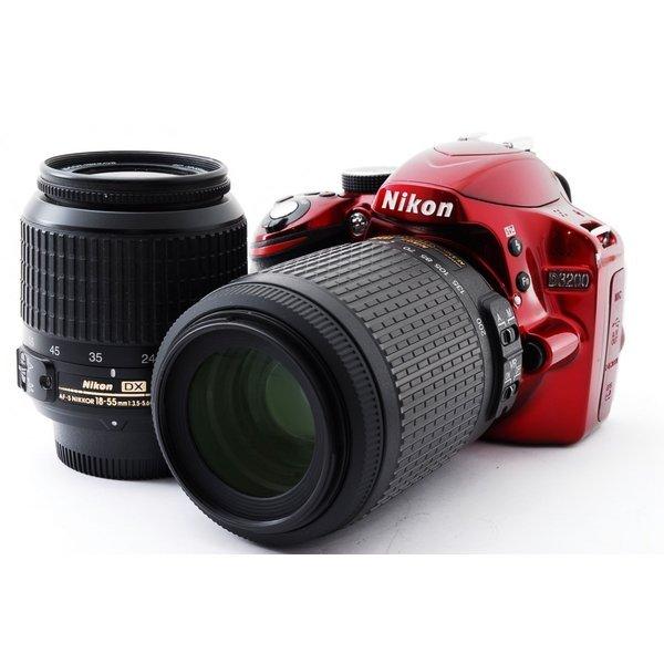 ニコン Nikon D3200 ダブルズームセット レッド 美品 一眼レフSDカードストラップ付き ...