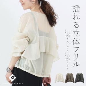 ブラウス ライトアウター 羽織り シアー グログラン Vネック バッグフリル きれいめ 春 夏 秋　ドットボタンバックフリルシアーブラウス メール便可/ma1.5