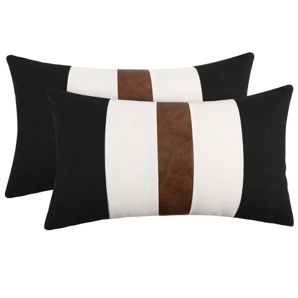 【並行輸入品】JASEN 腰用クッションカバー フェイクレザーとリネン 2枚セット 12x20インチ...