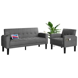 【並行輸入品】AILEEKISS リビングルームソファ2点セット 幅56インチ 2人掛けソファセット USBと取り外し可能な肘掛け2個付き モダ