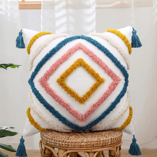 【並行輸入品】JASEN 装飾用クッションカバー 20x20、タッセル付きボーホー 枕カバー 織り ...