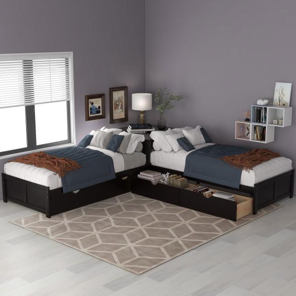 【並行輸入品】SOFTSEA コーナーベッド L字型ベッド キャスター付き 引き出し付き ローハイト...