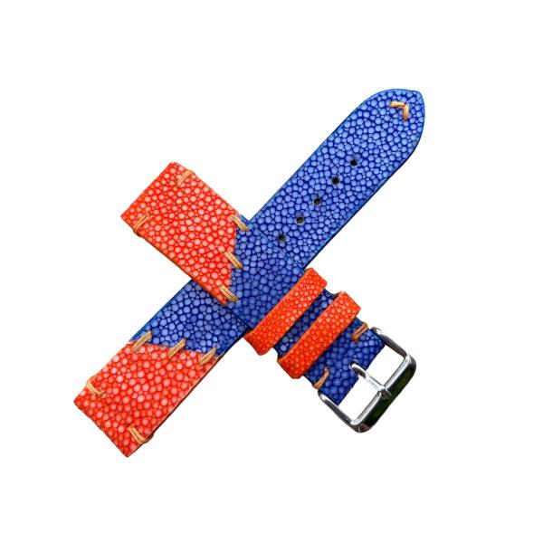 【並行輸入品】本物のオレンジとブルーのスティングレイレザースキンウォッチストラップベルト、ハンドメイ...