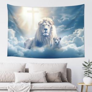【並行輸入品】Txiuryu Jesus Lion Cross Faith Tapestry Wall Hanging Lion Religio