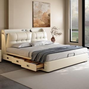 【並行輸入品】 OUDINI USB Leather Bed Cream Style Shell Leather Bed Modern King